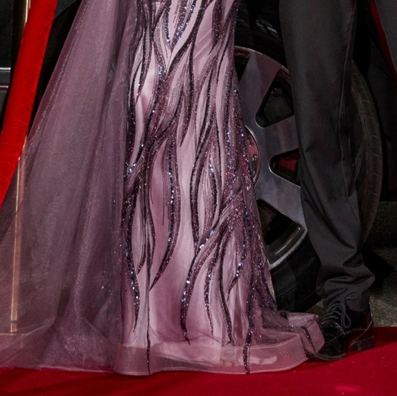 Eggplant purple or blue fitted off the shoulder glitter long floor length gown - Picture 4 of 8